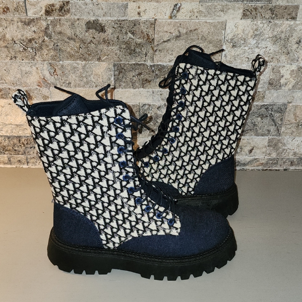 Rouge Stylish Dark Blue and White Patterned Boots Never Worn No Tag